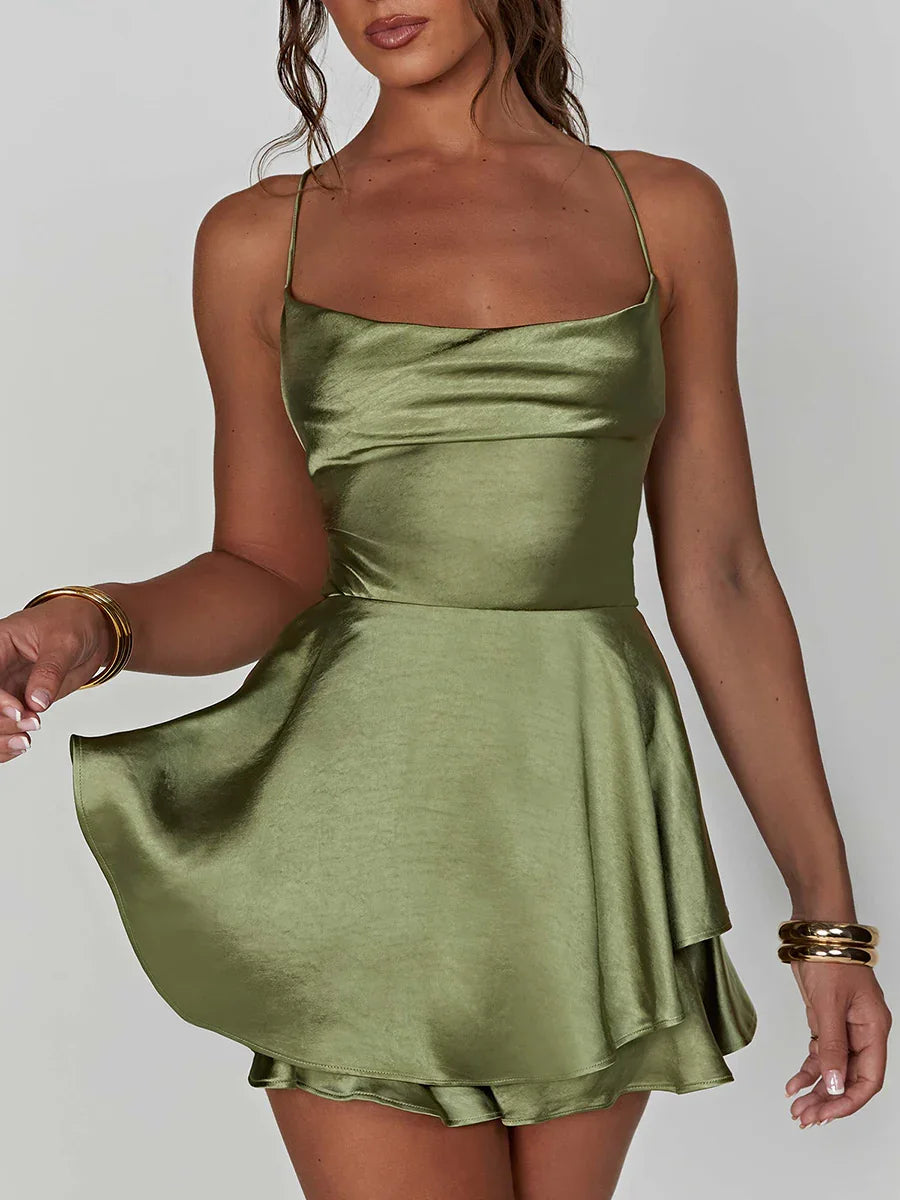 Satin Silk Women Sexy Cami Playsuits Dress Solid Cowl Neck Sleeveless Short Jumpsuits Summer Cross Tie-Up Backless Romper - Empire P.E