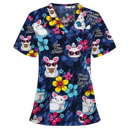 Women Working Uniform Animal Print Cartoon Cat Dog Short Sleeve V-neck Tops - Empire P.E