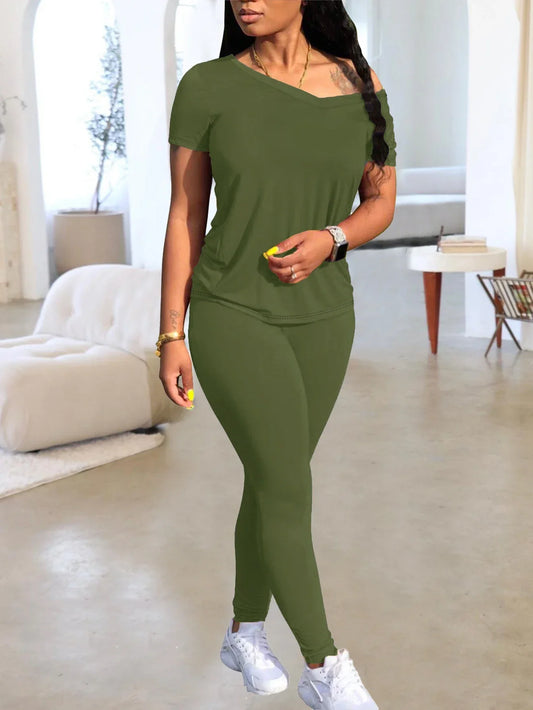Summer Women's V-Neck One Shoulder Short Sleeve Long Pants - Empire P.E