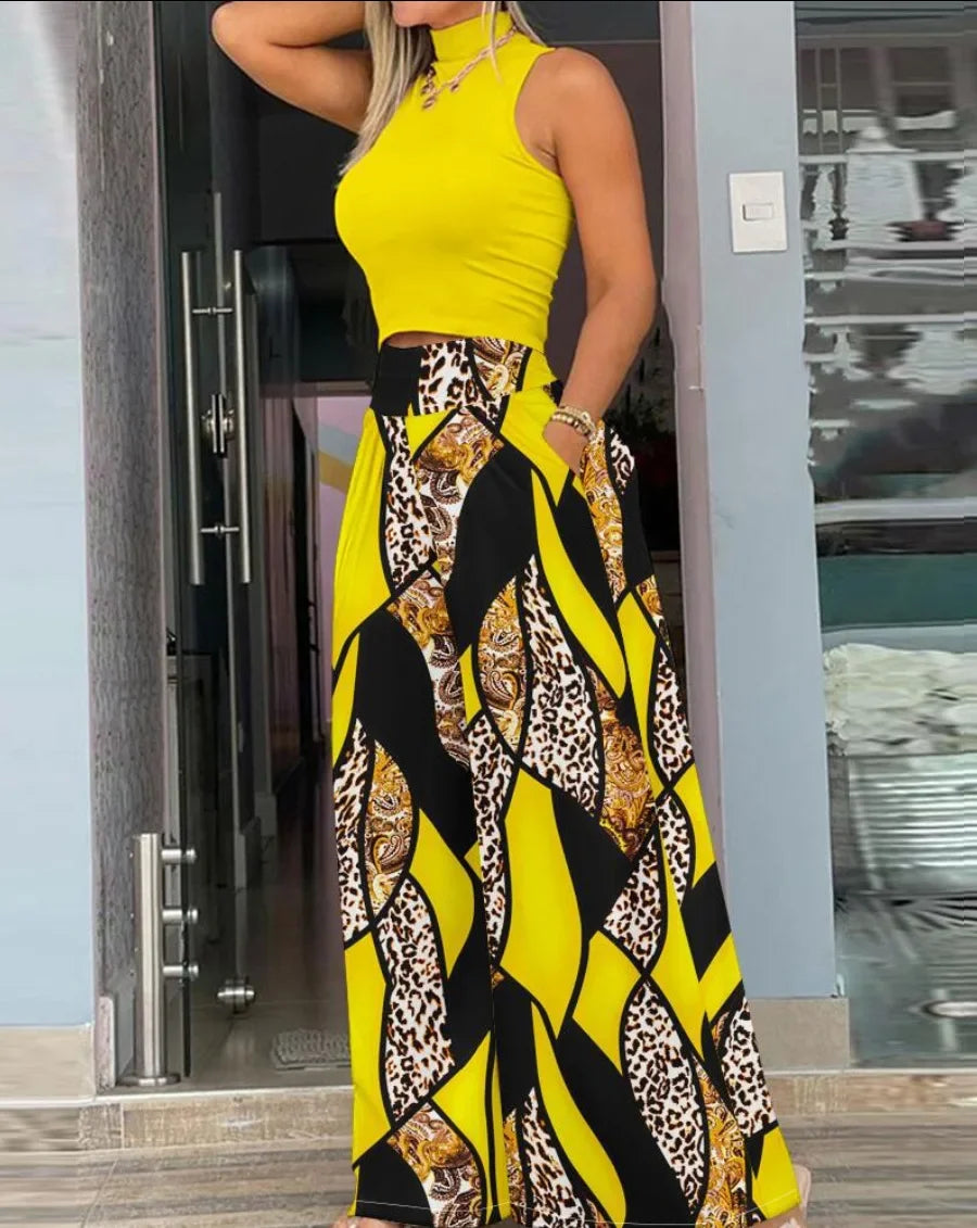 Fashionable Printed Wide-leg Trousers Two-piece Suit - Empire P.E