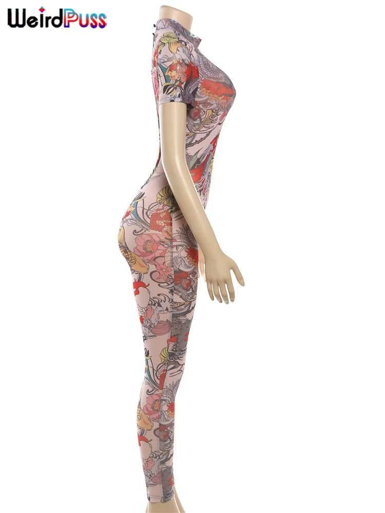 Weird Puss See Through Jumpsuit Women Backless Dragon Print Short Sleeve Fitness Activity Workout Overalls Slim Stretch Clubwear - Empire P.E
