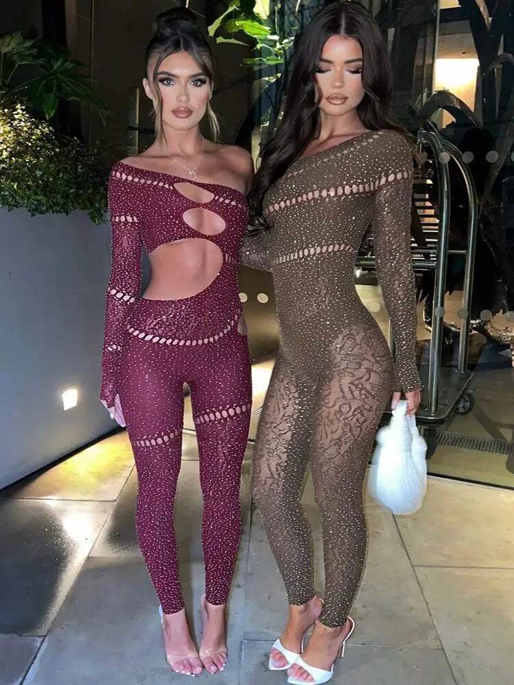 Sibybo Sexy Single Rotator Cuff Hollow Out High Elastic Jumpsuit Luminous Rhinestones Solid Color Trousers Spicy Girl Streetwear - Empire P.E