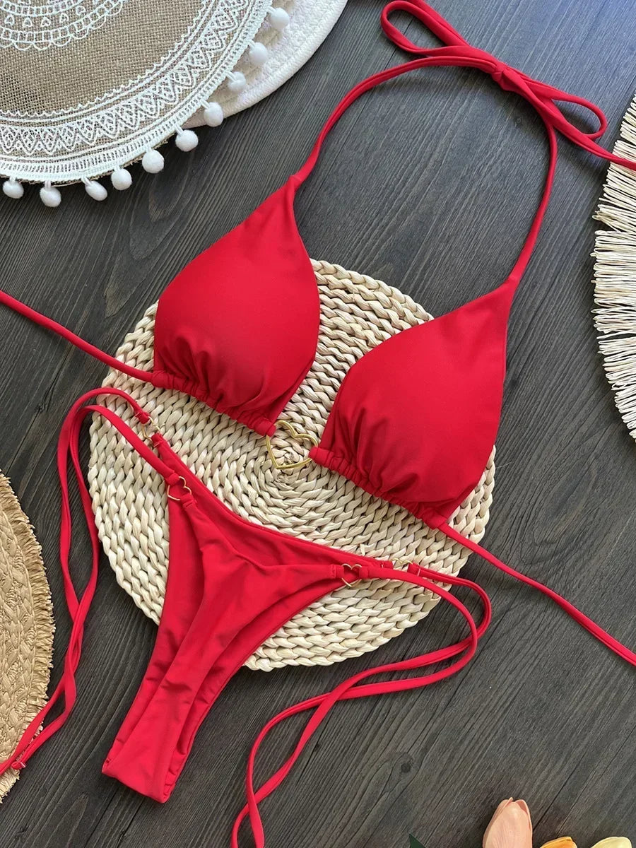Metal Heart-shaped Halter Mini Micro Thong Bikini