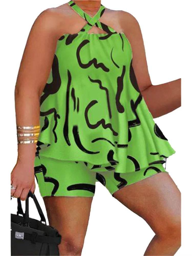 Wmstar Plus Size Two Piece Set Women Sleeveless Printed Short Sets Top Pants Sexy Suit Beach Summer Wholesale Dropshipping 2023 - Empire P.E