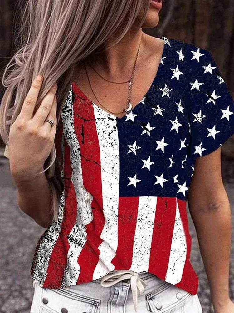 American Flag 3d Print T-shirt Women Fashion V-Neck T-shirts Short Sleeve Tops Tees Loose Casual Tees Vintage Camisetas USA Flag - Empire P.E