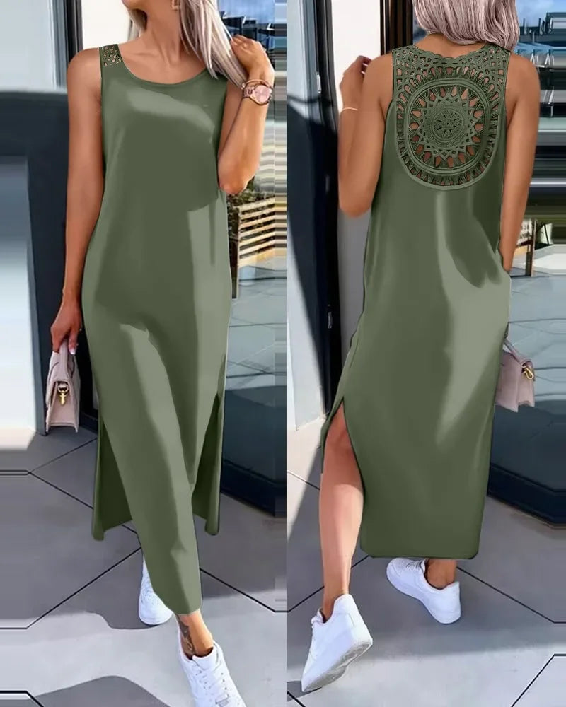 Hollow Out Solid Long Dress Women Fashion Sleeveless - Empire P.E