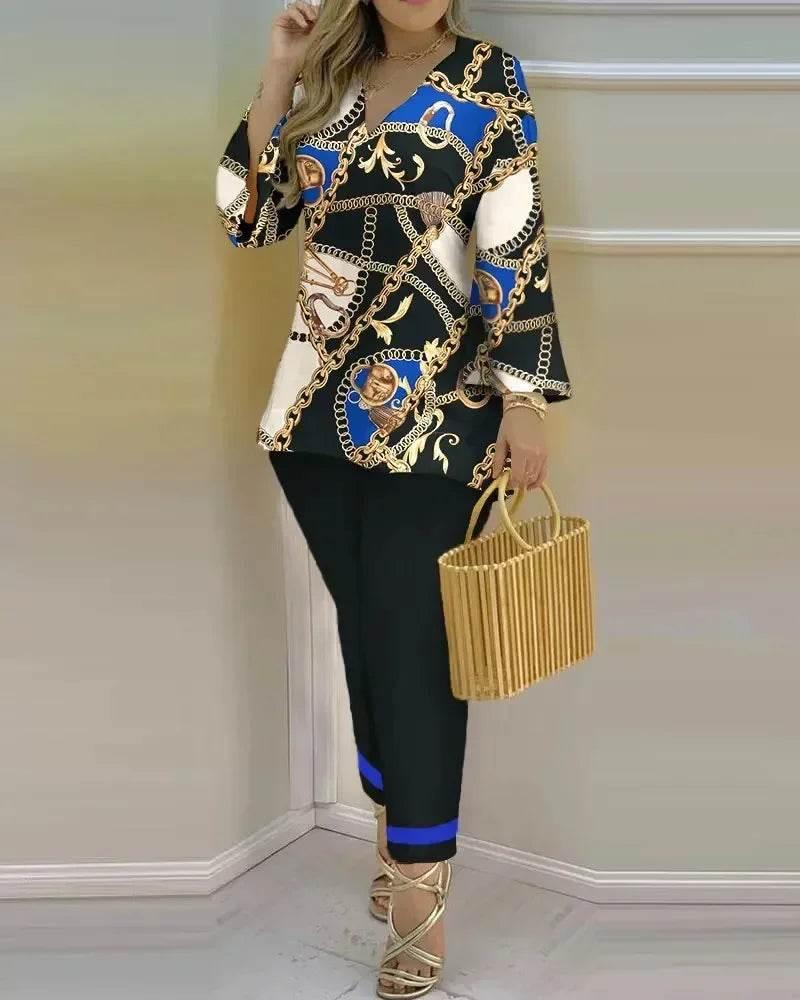 Women Print V Neck Tops Pant Sets Full Sleeve Pullover Two Piece Suit Elastic Waist Trousers Splice Shirts Autumn Regular Fit - Empire P.E