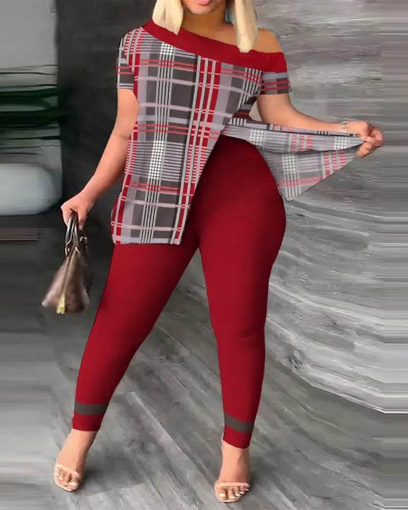 Elegant Women Two Piece Set Suits New Fashion Printed Ruffle Sleeve Top Solid Color Pants Set With Belt Blouses Female Clothing - Empire P.E
