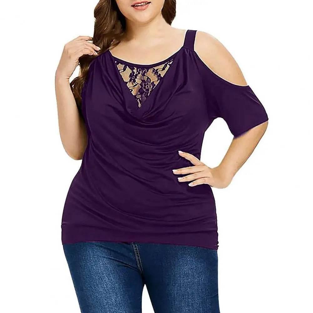 Plus Size Summer Women Blouse Lace Short Sleeves Hollow Out Solid Color See-through Off Shoulder Shirts Blouse Top - Empire P.E