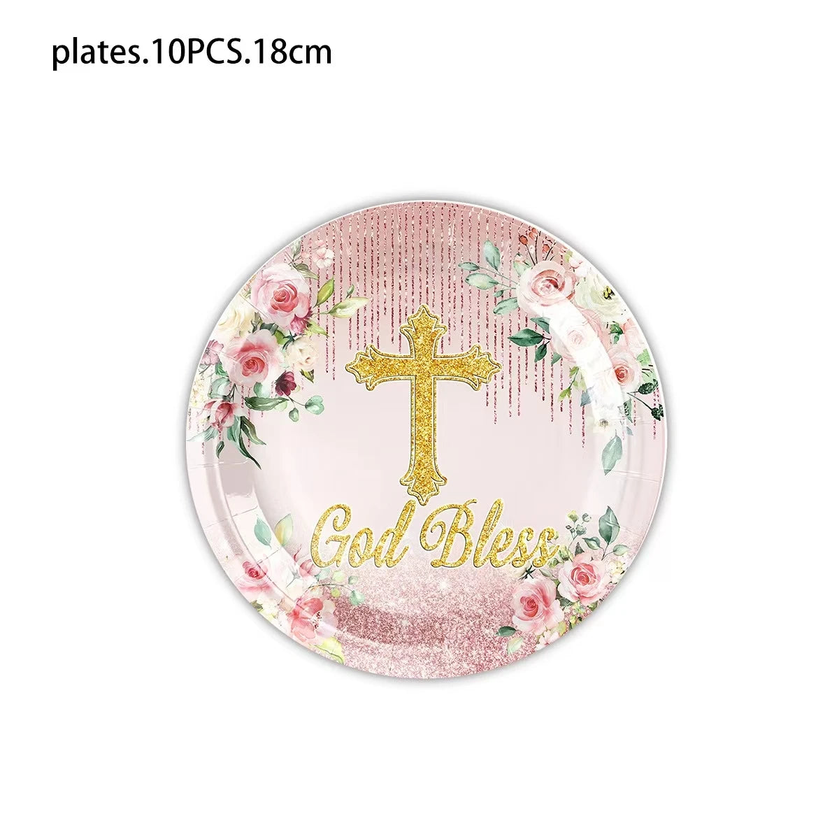 10Guests Pink Cross Baby Communion Party Supplies Flower God Bless Tableware Paper Plates Cups Baptismal Party Decor Baby Shower