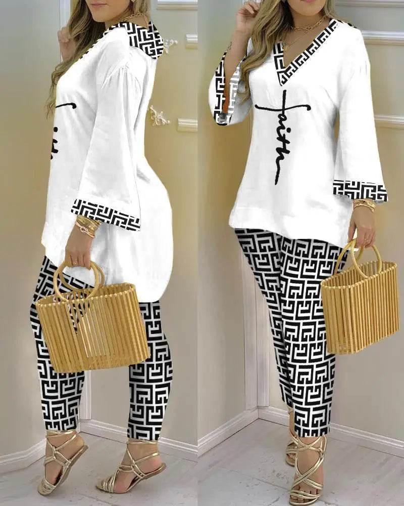 Women Print V Neck Tops Pant Sets Full Sleeve Pullover Two Piece Suit Elastic Waist Trousers Splice Shirts Autumn Regular Fit - Empire P.E