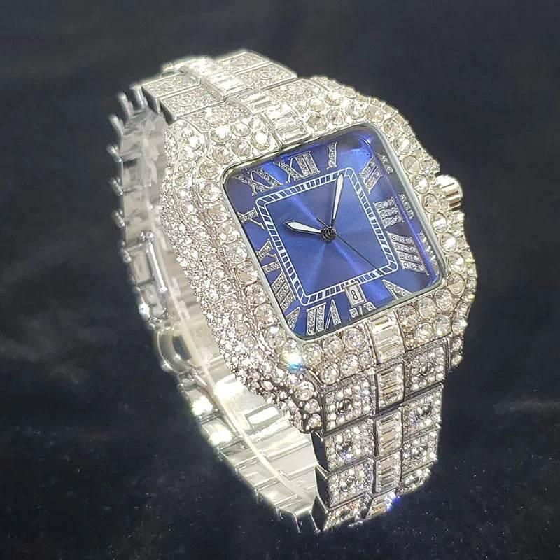 Luxury Diamond Watch Men Hip Hop Bling Iced Out Quartz Watches Fashion Blue Dial Silver Shiny Party Jewelry Relojes Dropshipping - Empire P.E
