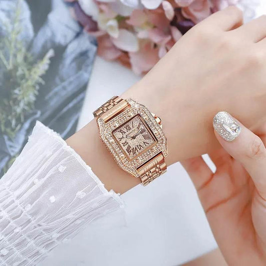 Ladies Dial Quartz Wristwatches Dress Clock Large square diamond-encrusted dial steel belt living waterproof quartz watch - Empire P.E