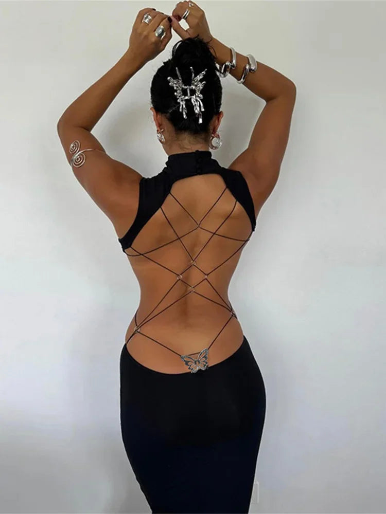 Cross Bandage Dress Women Y2K Butterfly Metal Hollow Backless - Empire P.E