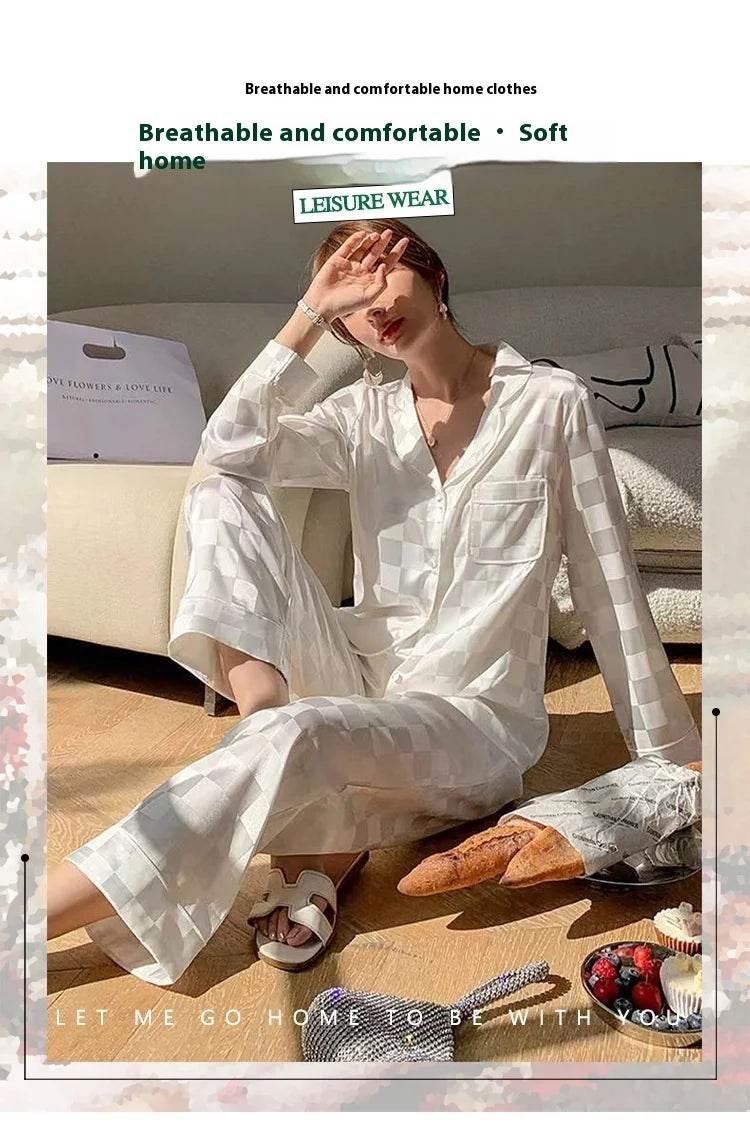 Plus Size Women Pajamas Set Long Sleeves Girl Home Wear Two-Piece Cardigan Solid Plaid Sleepwear Sexy Nightwear Autumn Winter - Empire P.E