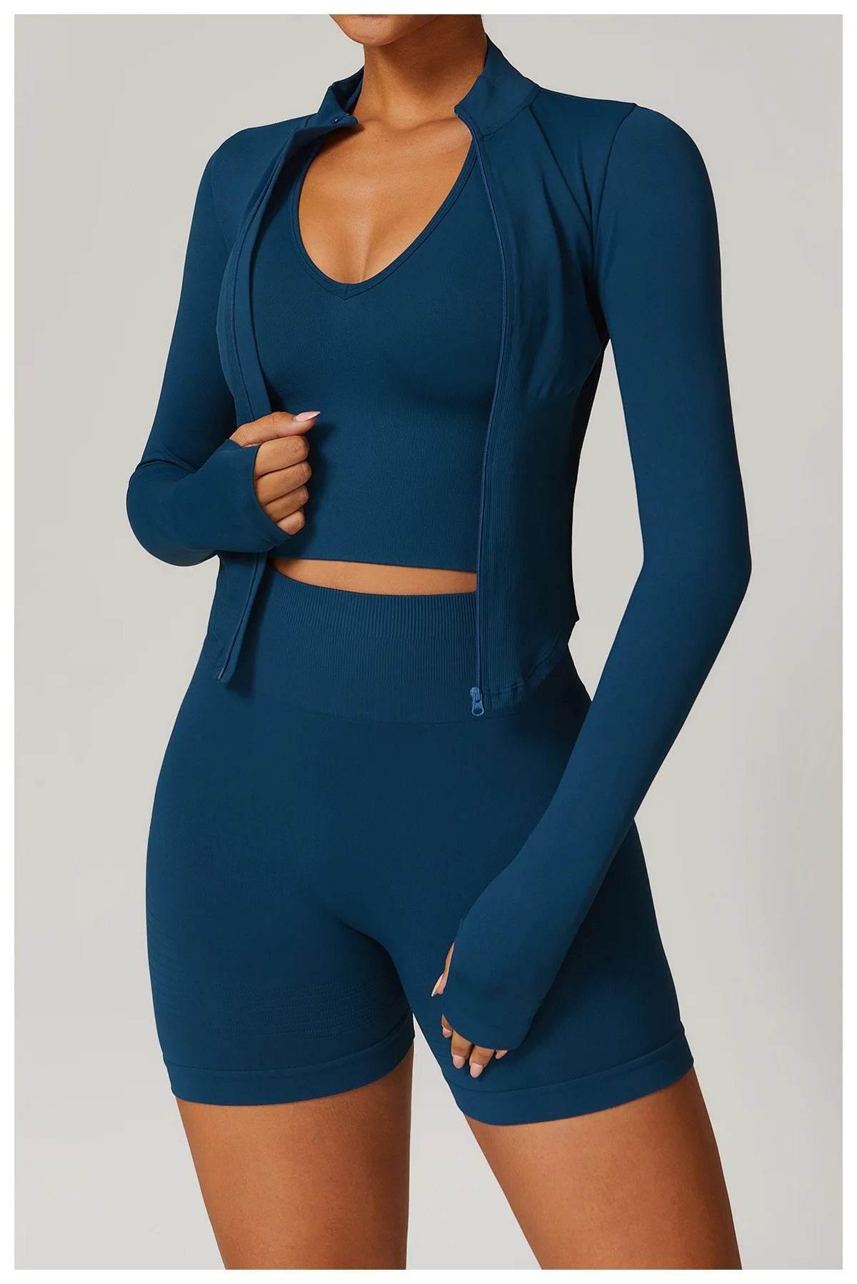 Women Seamless Zipper Jacket Yoga Long Sleeved Gym Top Ribbed Yoga Stand Collar Jacket Running Workout Sport Coat Women's Shirts - Empire P.E