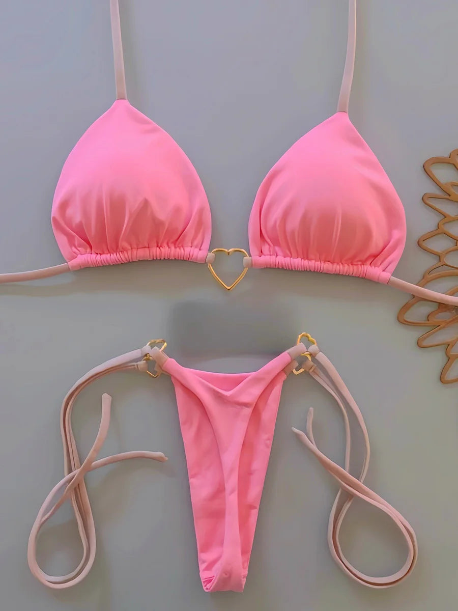 Metal Heart-shaped Halter Mini Micro Thong Bikini