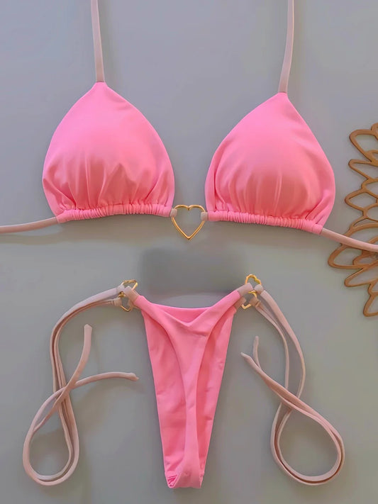 Metal Heart-shaped Halter Mini Micro Thong Bikini