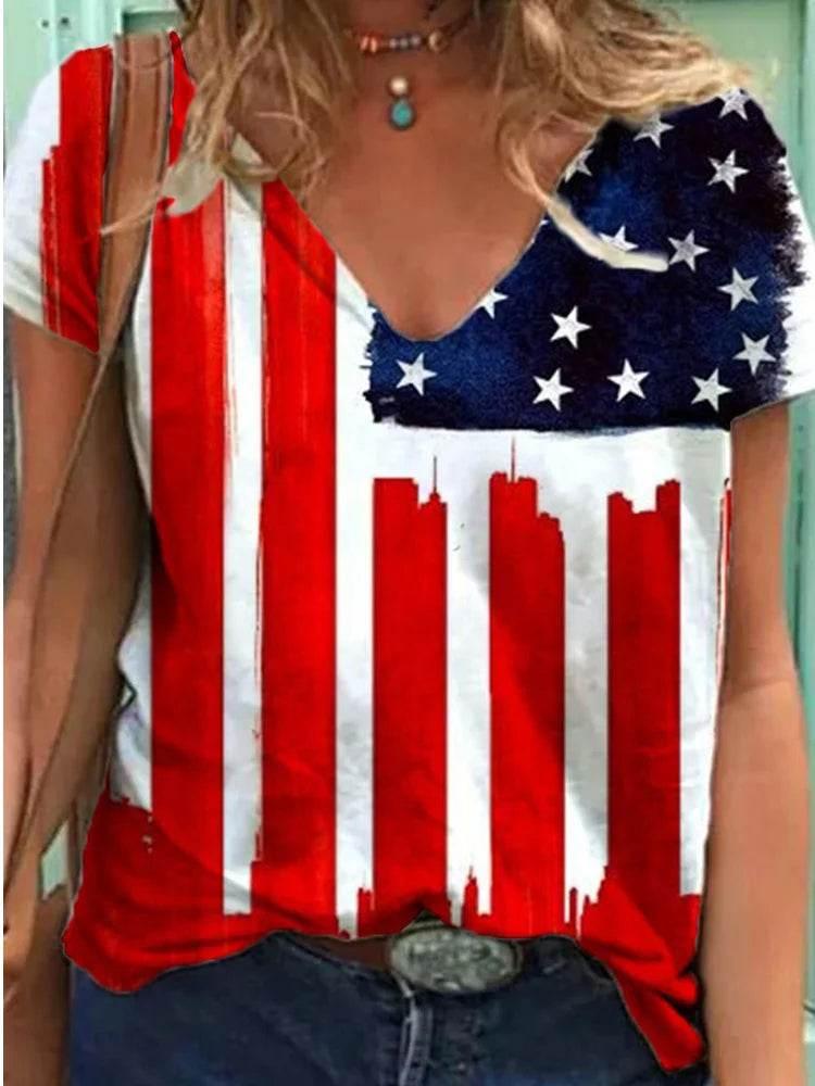Fashion Women's T Shirt USA Flag Print Harajuku T-shirt Summer 2023 Top Kawaii Tees V Neck Pluse Size American Lady Y2k Clothing - Empire P.E
