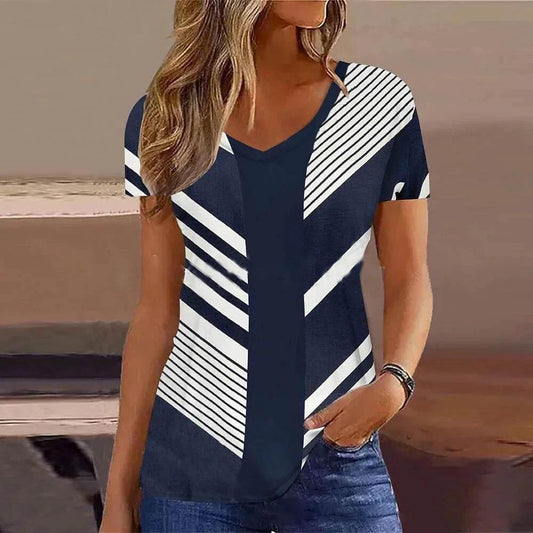Women's T-Shirt Summer Stripe Short Sleeve Tee Shirt Fashion Blue V-Neck Female Clothing Casual New T-Shirt for Women Pullover - Empire P.E