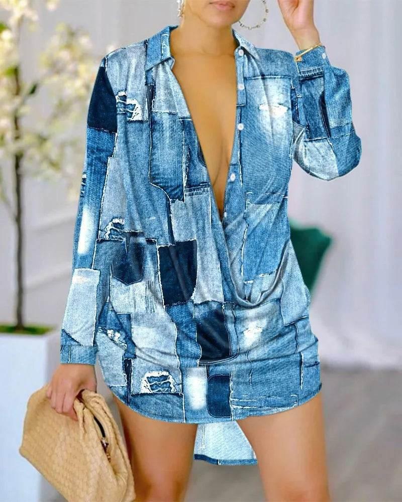 Print Long Sleeve Shirt Dress - Empire P.E