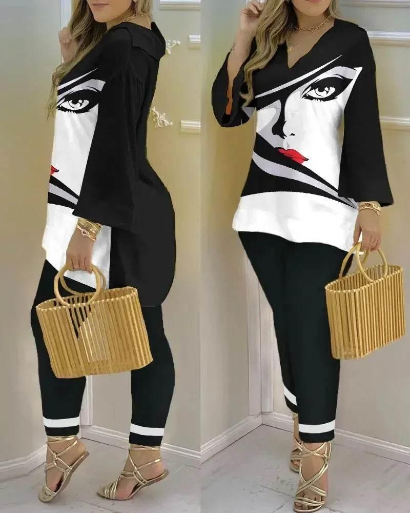 Women Print V Neck Tops Pant Sets Full Sleeve Pullover Two Piece Suit Elastic Waist Trousers Splice Shirts Autumn Regular Fit - Empire P.E