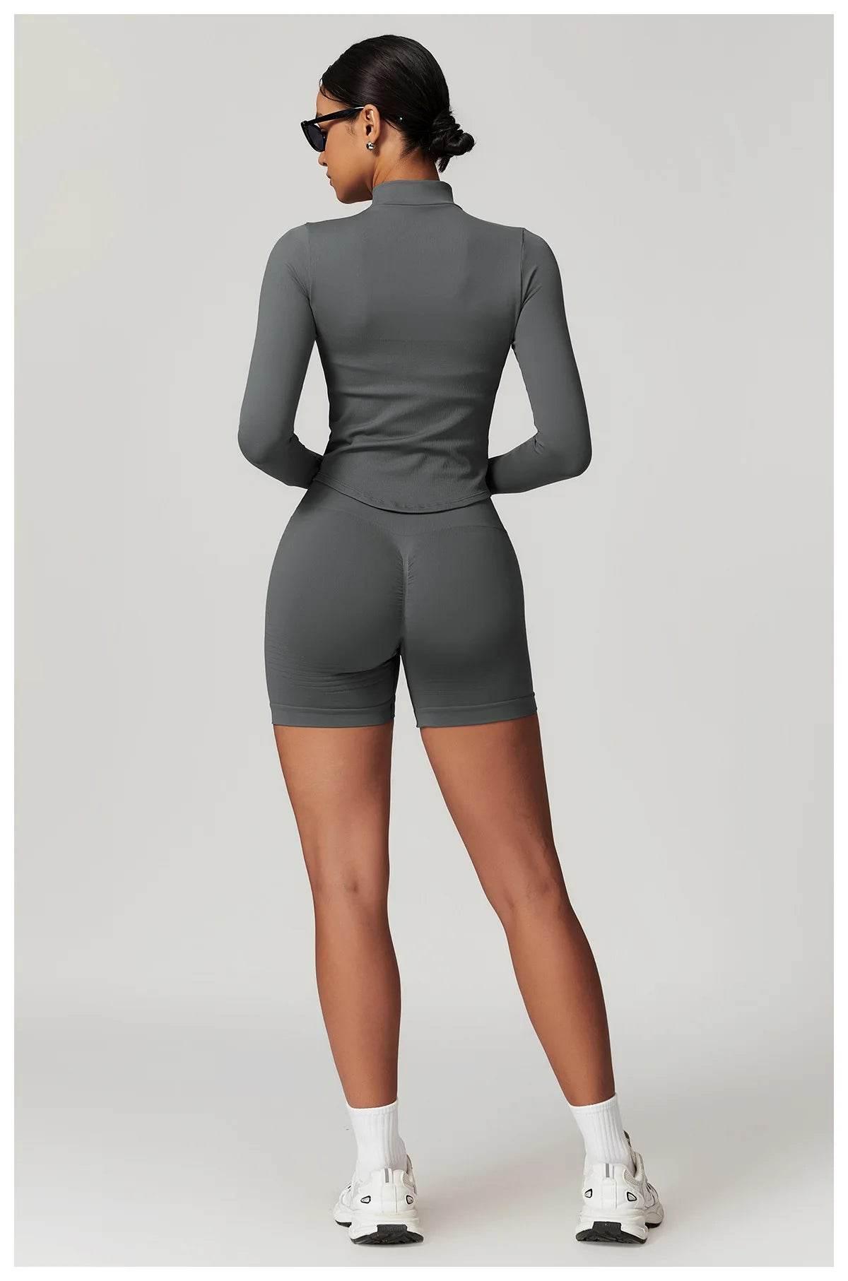 Women Seamless Zipper Jacket Yoga Long Sleeved Gym Top Ribbed Yoga Stand Collar Jacket Running Workout Sport Coat Women's Shirts - Empire P.E