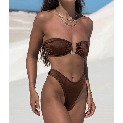 Solid Swimsuit Women Bathing Suit Bandeau Bikini 2024 Biquinis Feminino Swimwear High Waist Bikini Set Beachwear Sexy Bikinis - Empire P.E