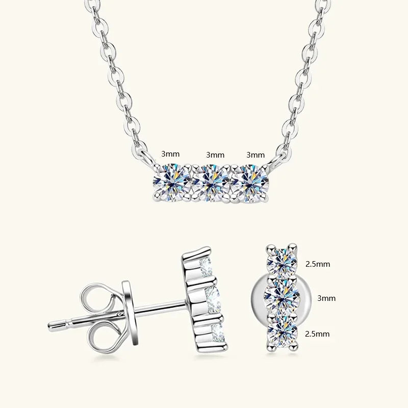 3mm Moissanite Jewelry Sets Real 925 Silver for Women 3 Stones Pendant Necklace Stud Earrings Set - Empire P.E