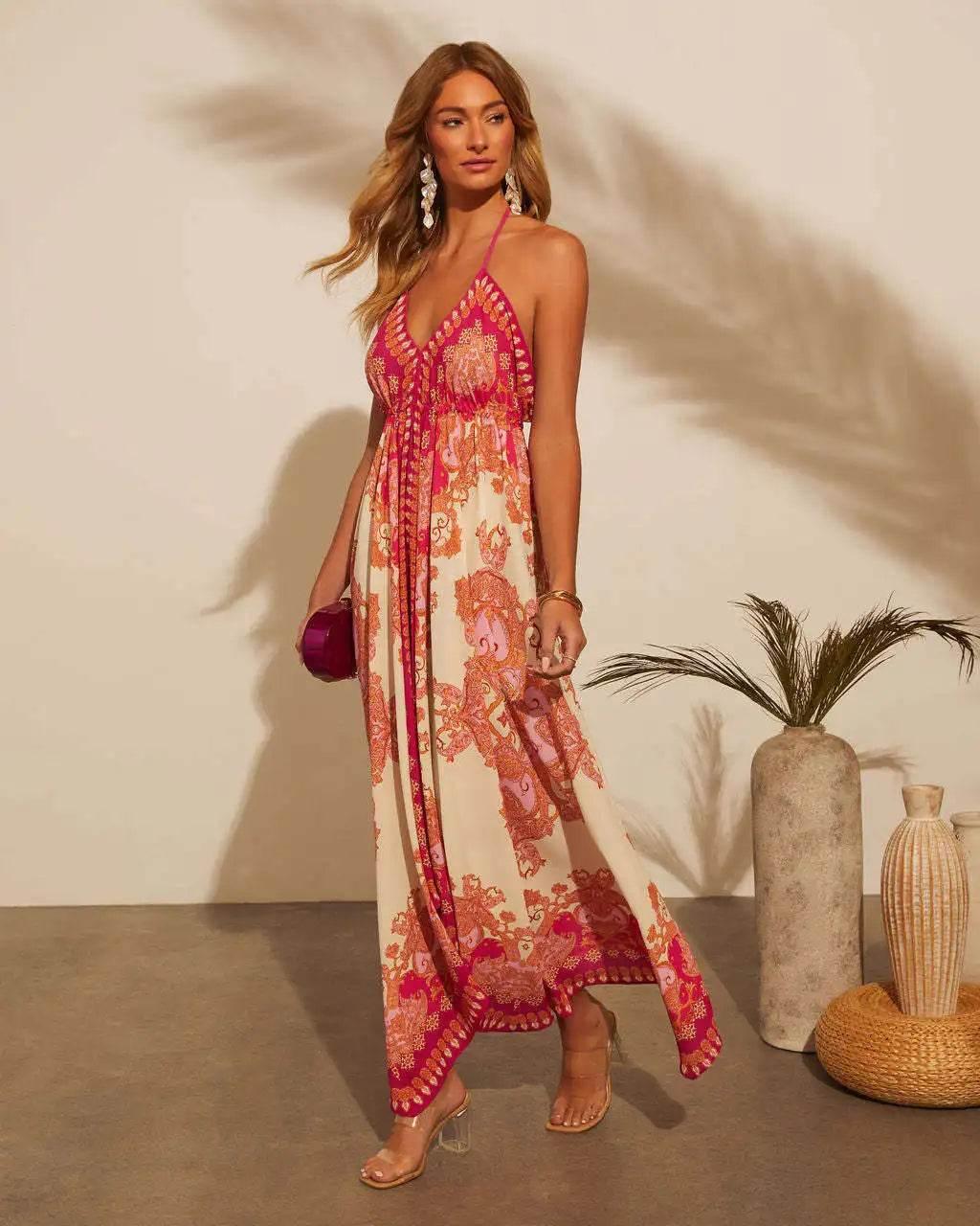 Women's Summer V-neck Halter Bohemian Floral Long Dress,Women Clothing,Red Dress,Sexy Dress Women,Sundress,Beach Dresses - Empire P.E