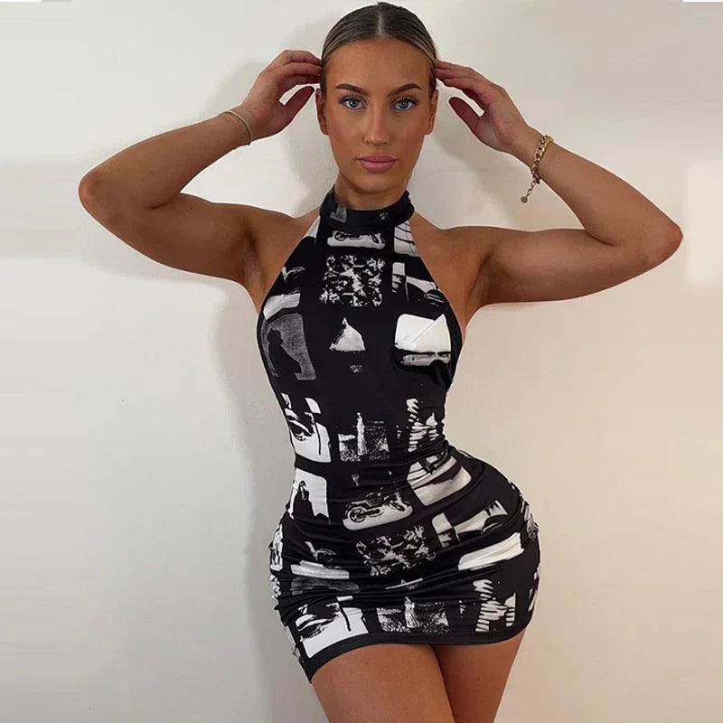 Hugcitar Vintage Print Halter Sleeveless Backless Sexy Slim Bodycon Mini Dress 2023 Summer Y2K Outfit Streetwear Nightclub Biker - Empire P.E
