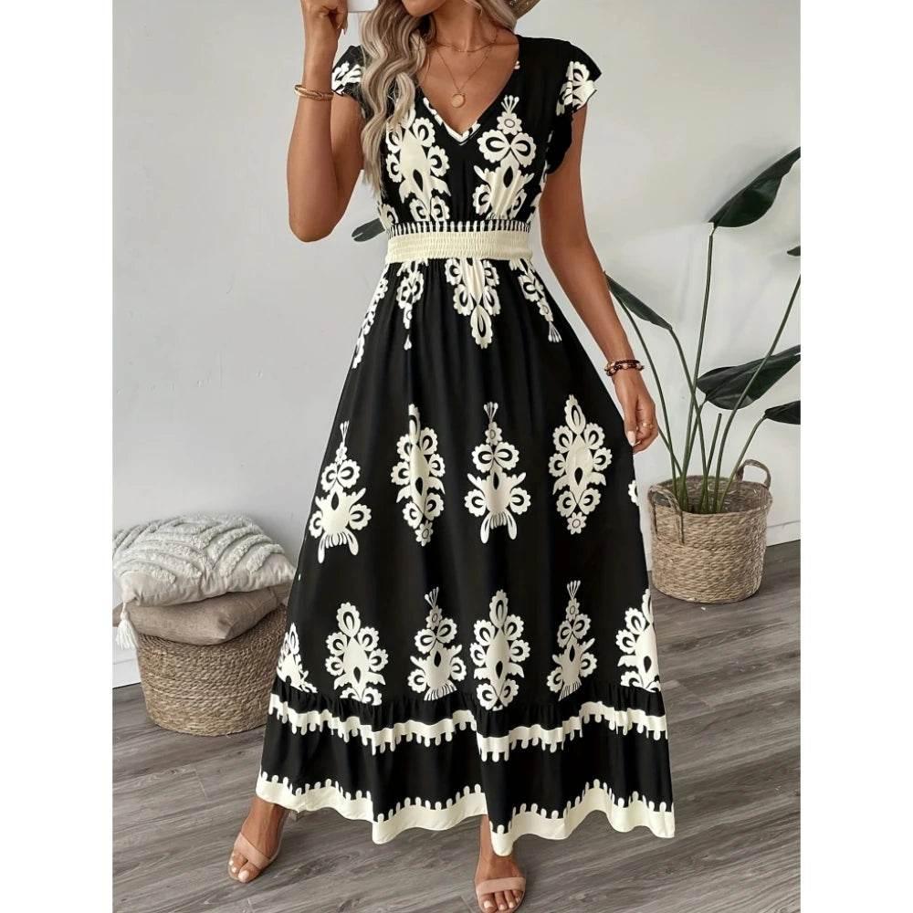 Plus Size Women Elegant V Neck Maxi Dress Geometric Pattern Short Sleeve Pleated Skirt Polyester Casual Outing - Empire P.E