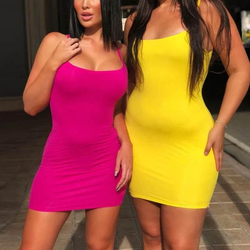 Summer Spaghetti Strap Mini Dress 2024 Women Sexy Bodycon Club Party Dresses Short Female Camisole Solid Black Sheath Sundress - Empire P.E