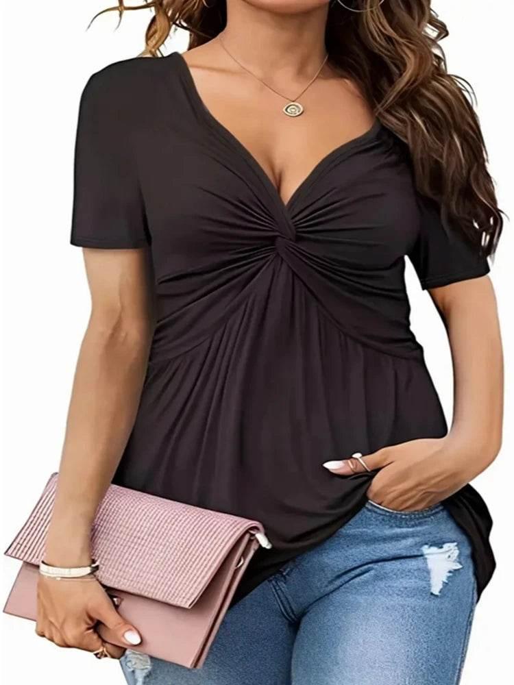 Women Plus Size 1XL-5XL V-Neck Shirt Flattering Short Sleeves Fashionable Twist Detail Premium Casual Wear for Women - Empire P.E