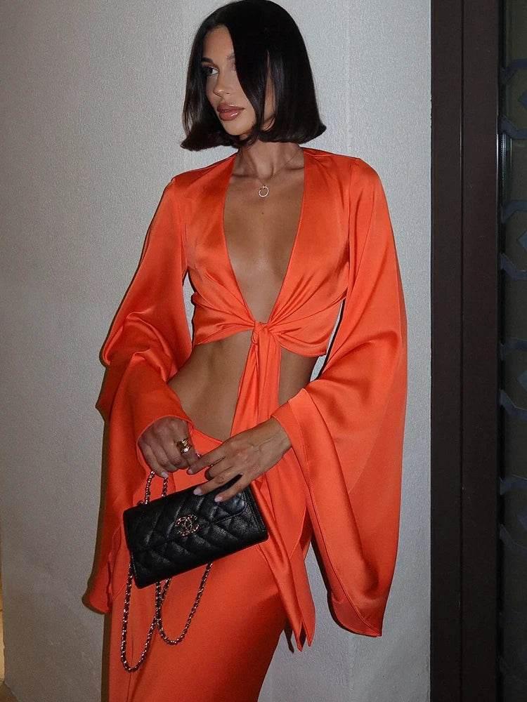 Huhugirl Sets Women Fashion Sexy Streetwear Solid Flare Sleeve Deep V-Neck Tracksuits (Tops+Long Skirts)Matching 2 Pieces Female - Empire P.E