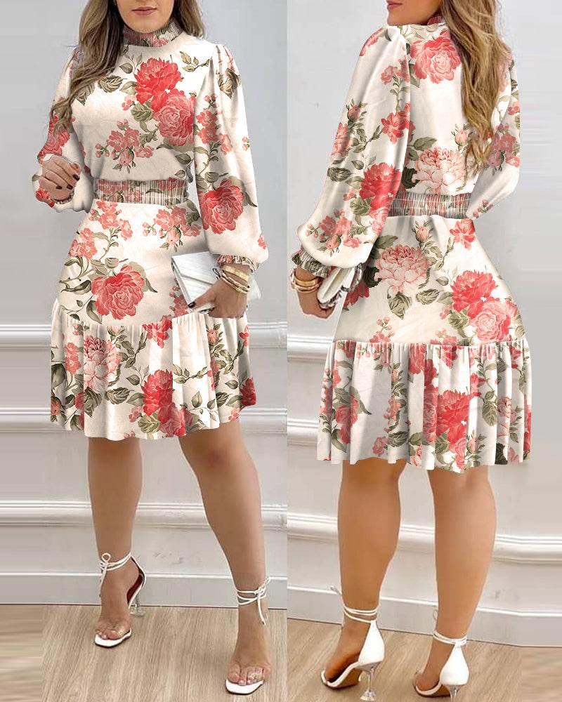Autumn Women Floral Print Shirred Ruffle Dress 2022 Femme Casual Lantern Sleeve Robe Office Lady Dress Outfits Traf Vestid - Empire P.E