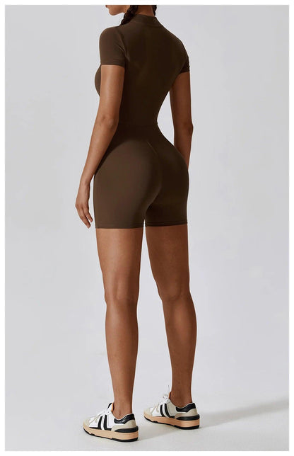 Yoga Set Women's One-Piece Suit Zipper Short Sleeve Gym Push Up Workout Clothes Fitness Short Bodysuit Sportswear Jumpsuits - Empire P.E