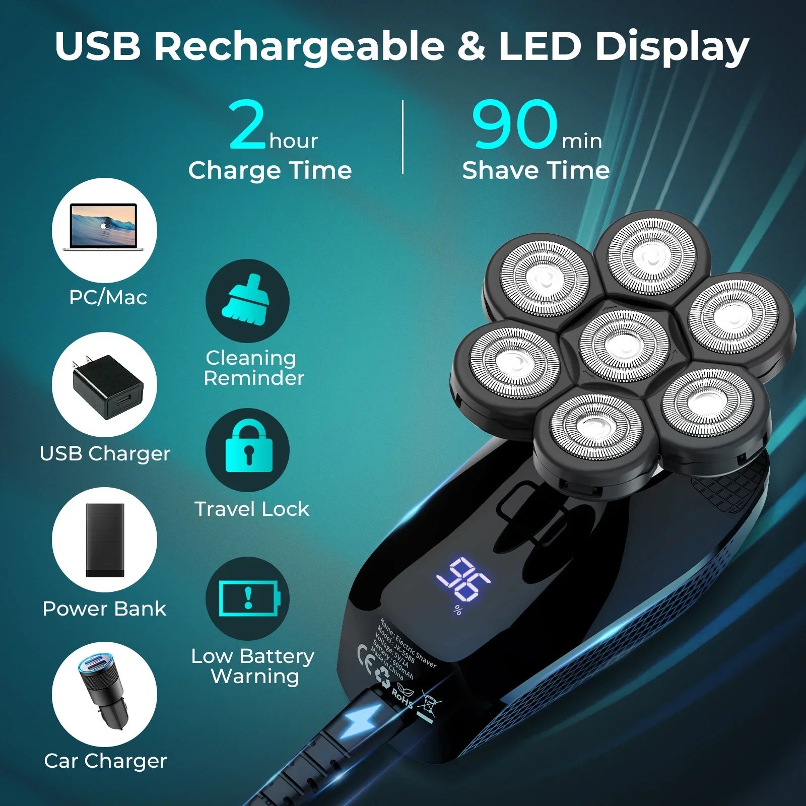 Kensen 5 In 1 Electric Shaver 7D Floating Cutter Head Rechargeable Shaver Kit For Men IPX6 Waterproof Beard Trimmer head shavers - Empire P.E