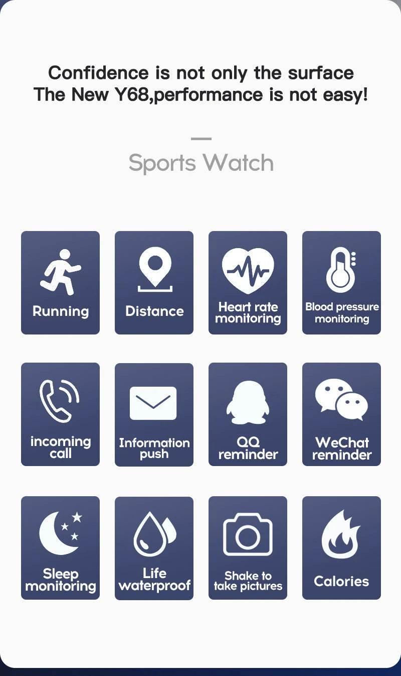 Multifunctional Smart Watch Men Women Bluetooth Connected Phone Music Fitness Sports Bracelet Sleep Monitor Y68 Smartwatch D20 - Empire P.E