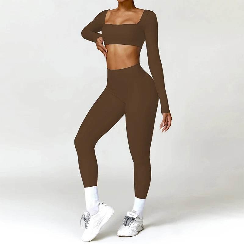 Hearuisavy 2PCS Long Sleeve Gym Set Women Yoga Clothes Quick-Drying Sportswear Running Leggings Workout Sports Crop Top Women - Empire P.E