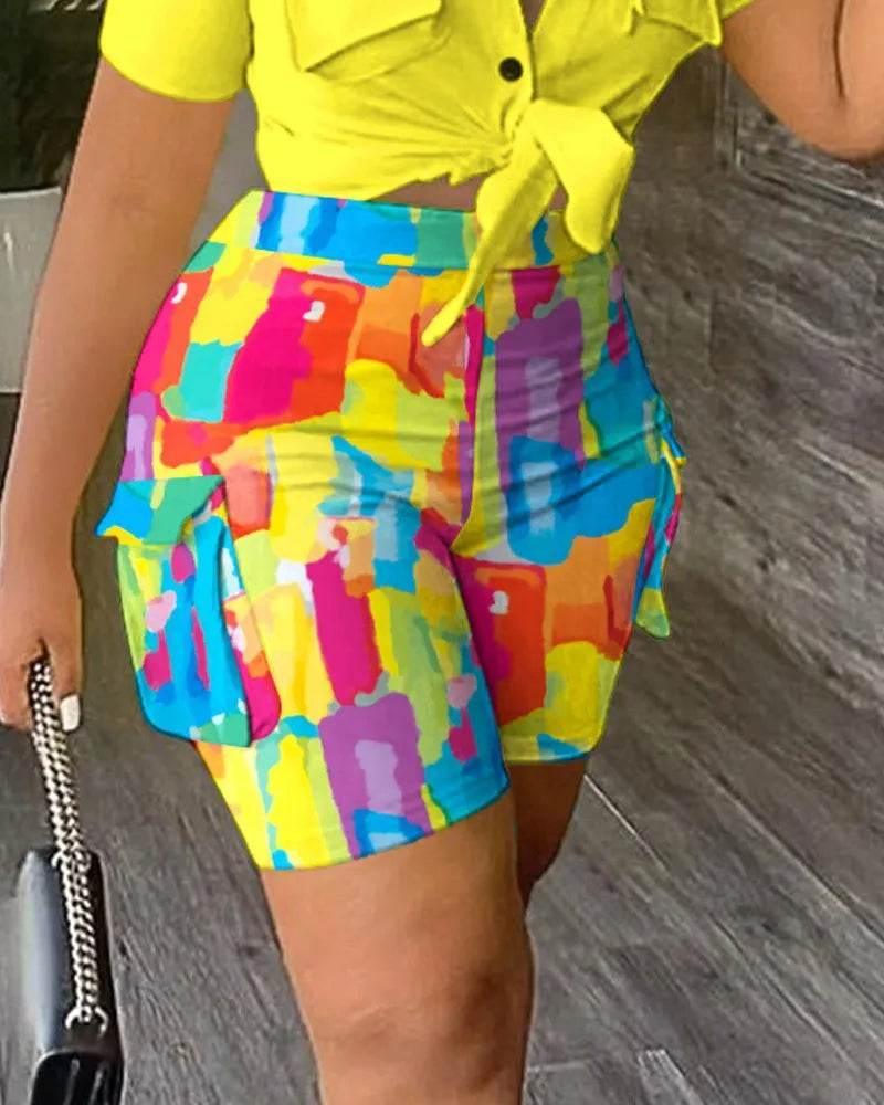 Pant Sets Women Printed Short Sleeved Shirt, 2-piece Suit With Pockets, Shoelace Top, Shorts, Thin Handbag, Summer - Empire P.E