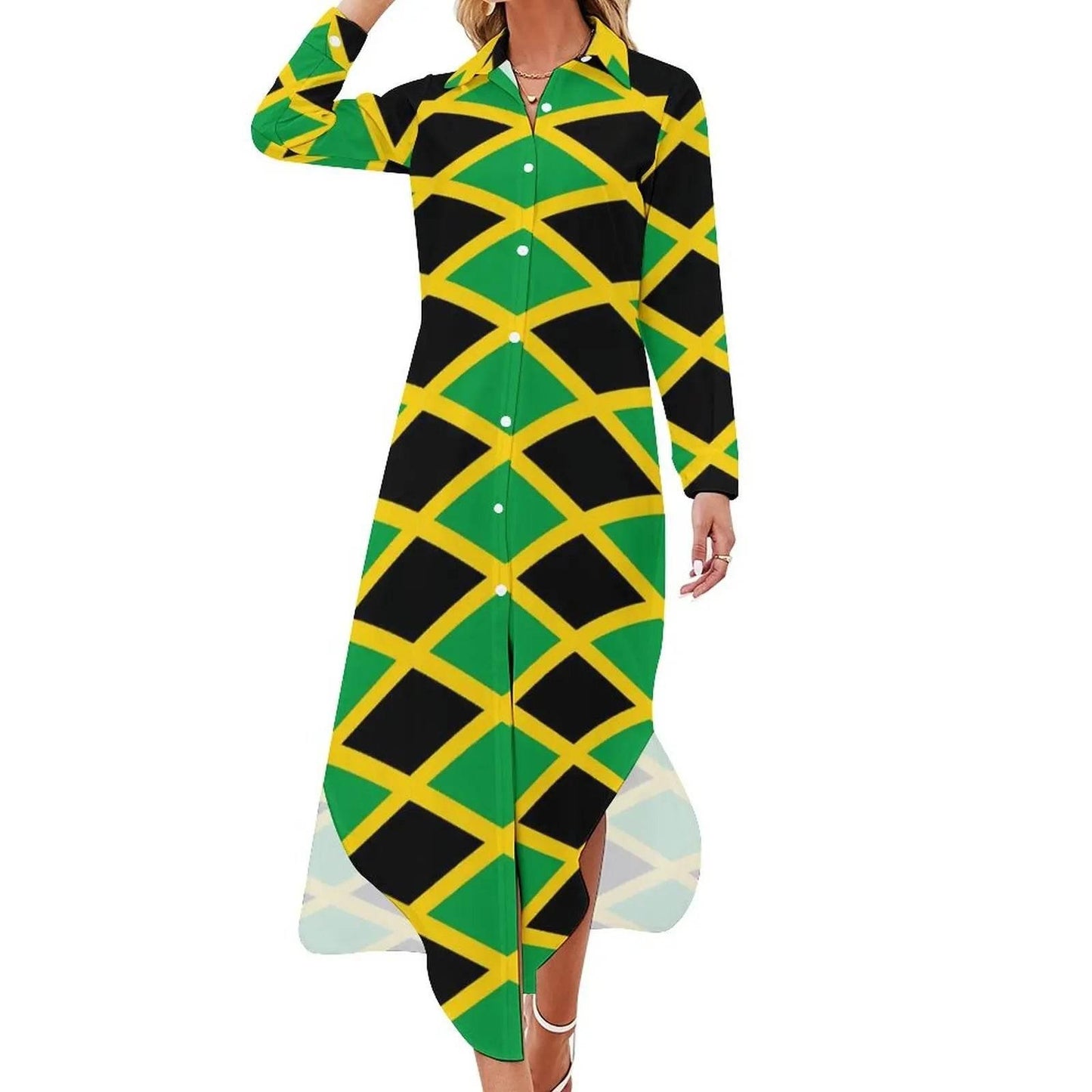 Patriotic Jamaica Flag Chiffon Dress Sexy V Neck Green Yellow Pretty Dresses Ladies Street Wear Casual Dress Gift - Empire P.E