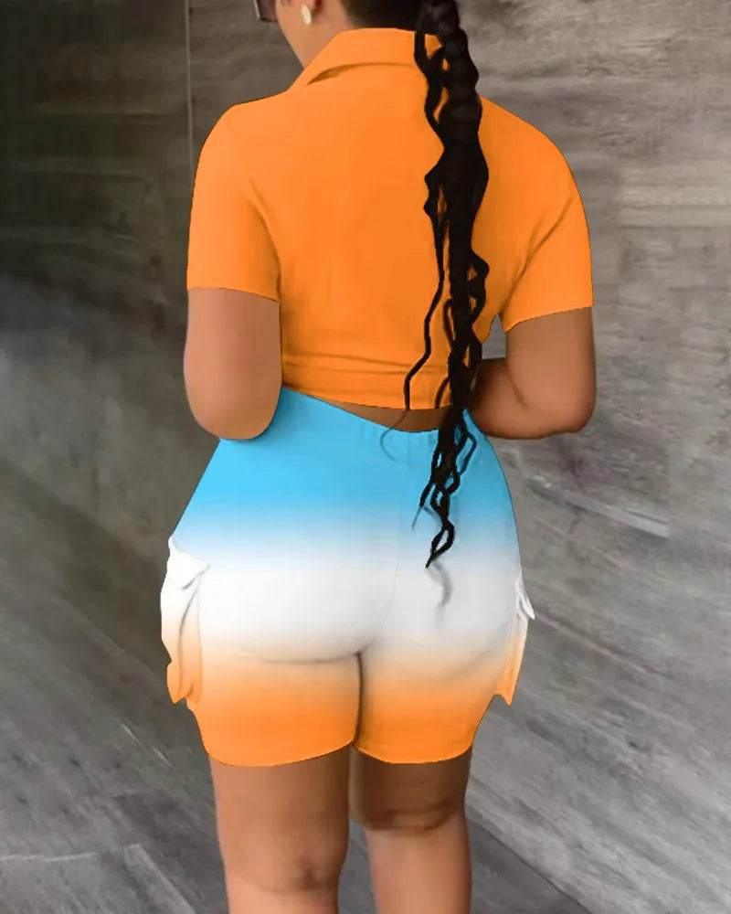 Pant Sets Women Printed Short Sleeved Shirt, 2-piece Suit With Pockets, Shoelace Top, Shorts, Thin Handbag, Summer - Empire P.E