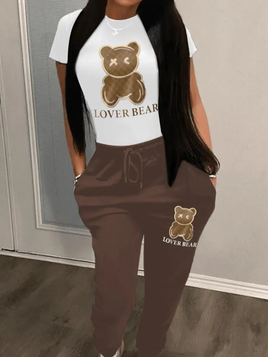 plus size cartoon bear print hooded sweater+woolen pants set