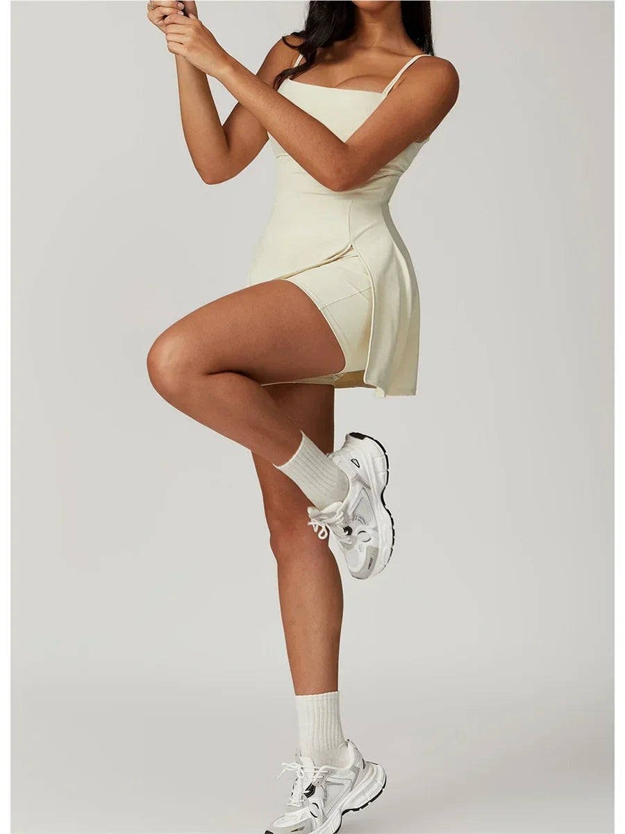 Skinny One-piece Tennis Dress Outdoor Slim-fit Shock-proof Hollow Out Backless Running Fitness Yoga Clothes Tights Tennis Skirt - Empire P.E