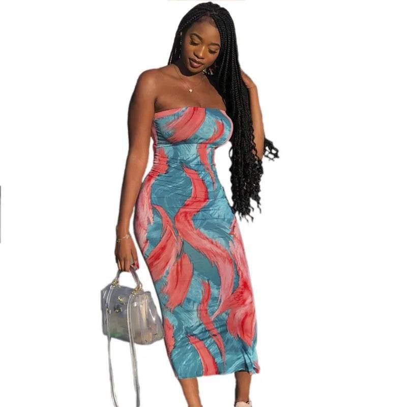 Spring And Summer Dresses For Women Chest Wrap Printed Off Shoulder Bandage Slim Sexy Long Dress 2023 New Fashion party MsChuh - Empire P.E