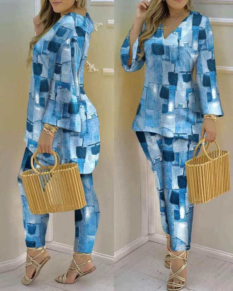 Women Print V Neck Tops Pant Sets Full Sleeve Pullover Two Piece Suit Elastic Waist Trousers Splice Shirts Autumn Regular Fit - Empire P.E