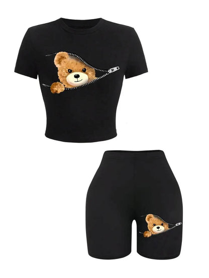 2 Pieces Set Women Slim Crop T-Shirts Shorts A Teddy Bear Emerged From The Zipper Prints Tops Sporty High Elastic Soft Clothes - Empire P.E