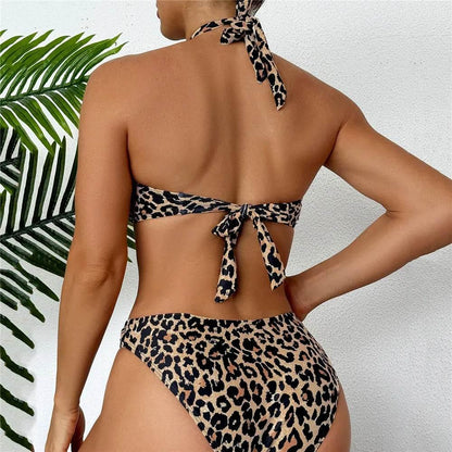 Halter Bandeau Leopard Print Bikinis Sets Woman Metal Ring Swimwear Hollow Out Sexy Swimsuit 2025 Bathing Suit Bikinis De Mujer - Empire P.E