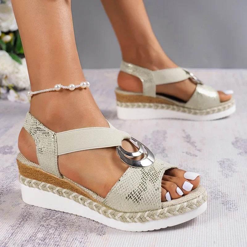 2025 Summer Gold Wedge Heel Sandals Women Fashion Snake Print Platform Sandles Woman Metal Ring Buckle Thick Sole Rome Sandalias - Empire P.E